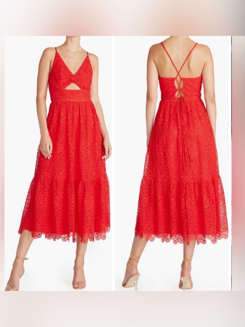 ML Monique Lhuillier Cutout Lace Midi Dress Red size 6 *pockets*